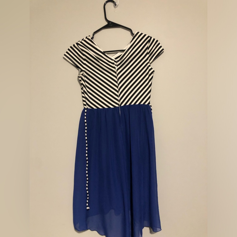 Striped Black and White Top with Blue Skirt Dress